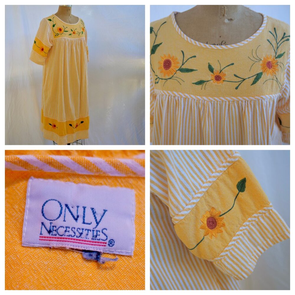 ONLY NECESSITIES Yellow Sunflower House Lounge Dress Muu Muu Caftan Hippie L EUC
